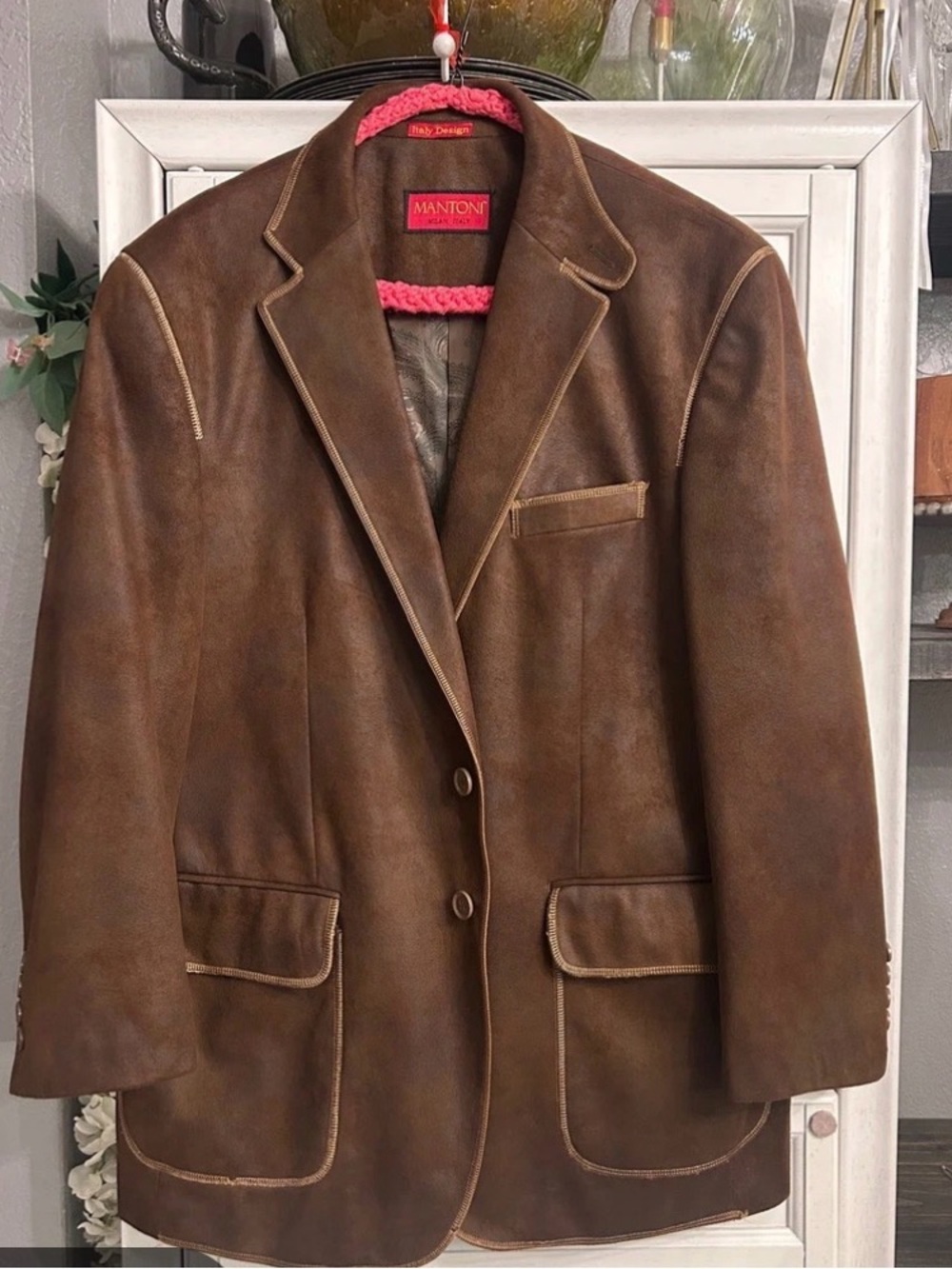Mantoni Brown Leather Blazer Jacket - Classic Tailored Fit
